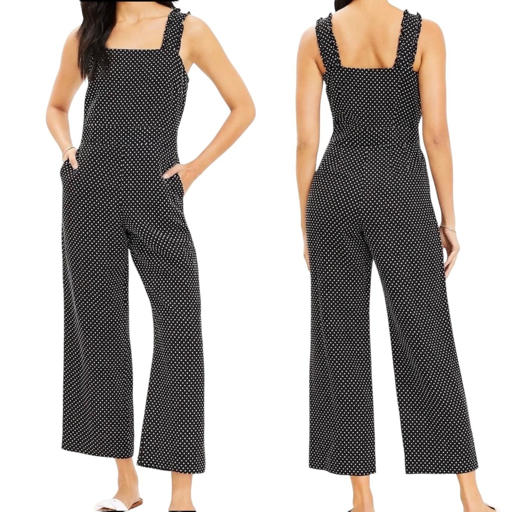 Womens 4 Jumpsuit Black White Polka Dot Linen Blend Wide Leg Ruffle Strap Pocket